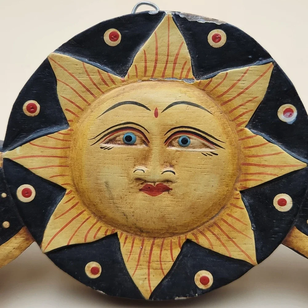 Vintage Celestial Moon Stars Sun Wooden Painted Key Coat Hook Wall Hanger Decor